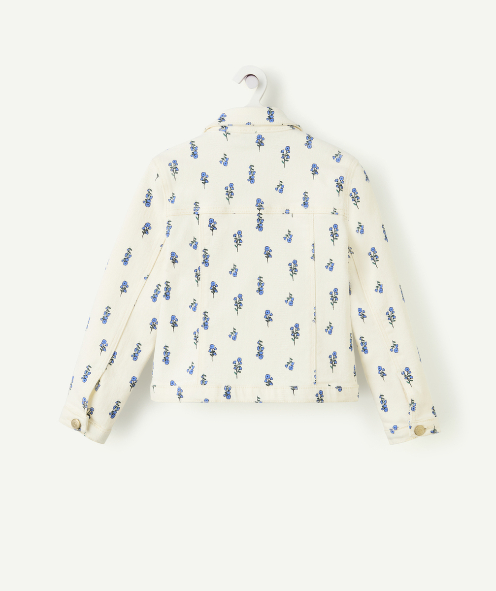 veste fille en fibres recyclées écrue et imprimée fleurie vert et bleu