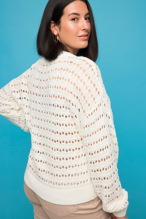 Pullover, oversized, Lochstrick, Rundhals, Langarm