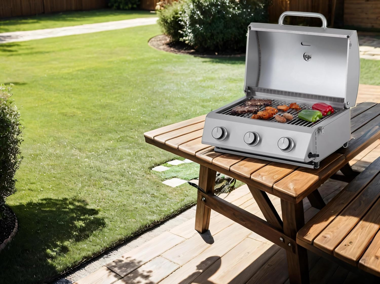 Tarrington House Tisch-Gasgrill CATHAN, 3-Brenner-Gasgrill, Grillrost edelstahl. Stahl/Edelstahl, Tischgrill für Outdoor, Balkon, Camping, silber