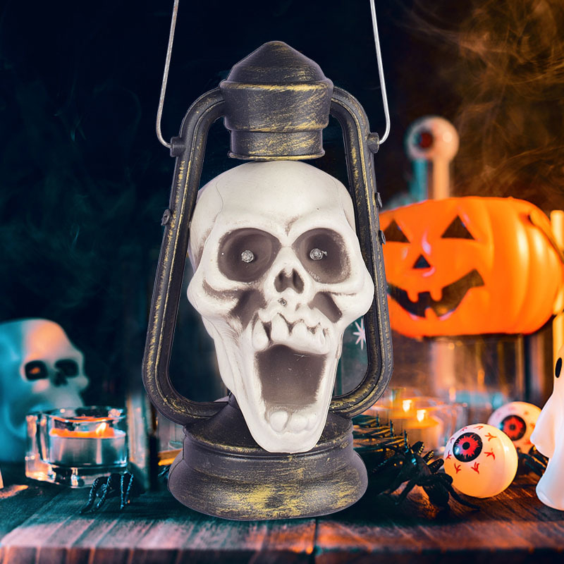 (30x14cm) LED Grusel Totenkopf Laterne Halloween Skelett Lampe Home Deko Party Stimmungsleuchte (Batteriebetrieben) - Blau / Gelb