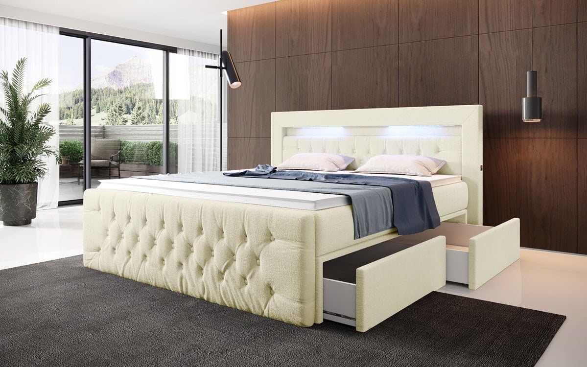 Luxusbetten24 Boxspringbett Menzogna Bouclé 160x200 mit LED-Beleuchtung und Stauraum | Bezug: Bouclé | Farbe: Beige | Härtegrad: H2 (bis 70kg)
