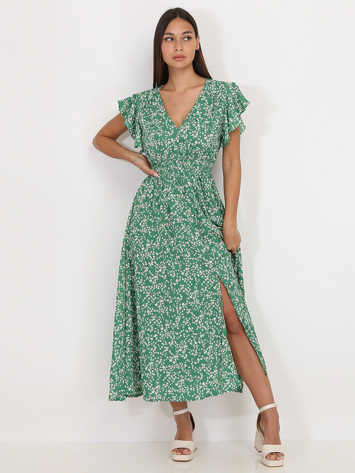 Robe évasée smockée à fleurs- Vert