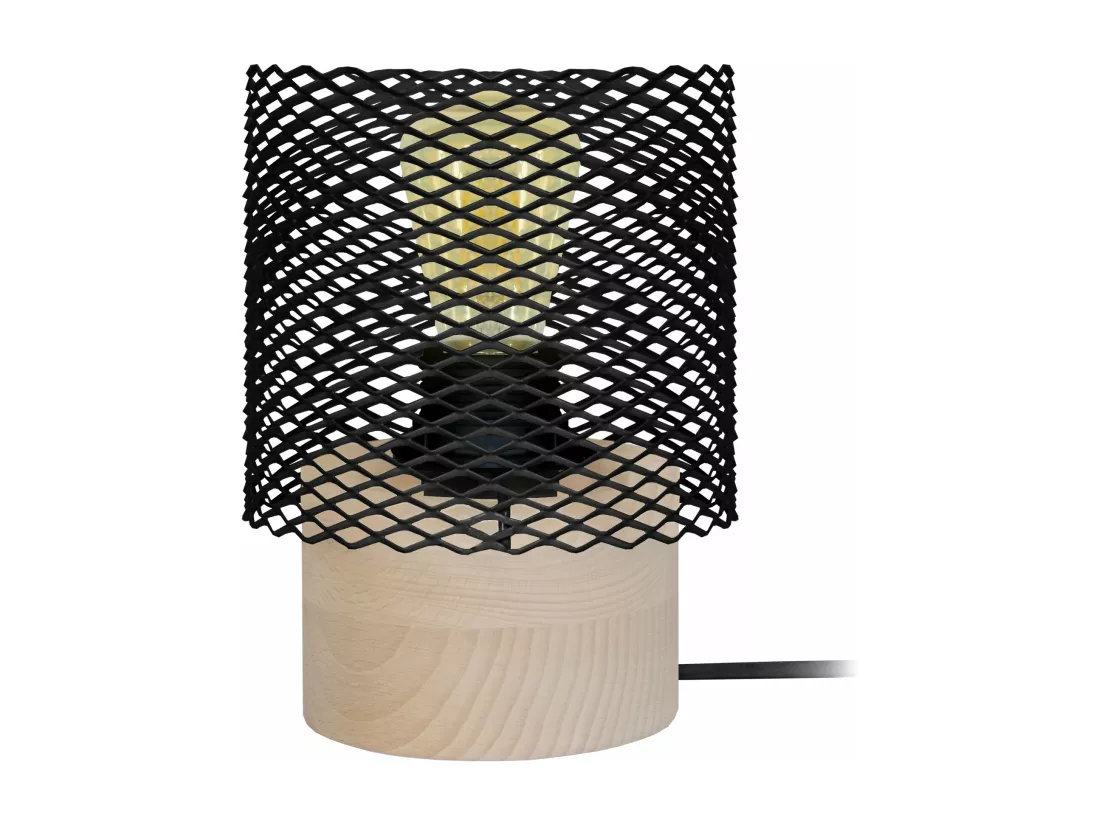 Lampe de chevet,bois cylindre métal, noir 19,5 cm.