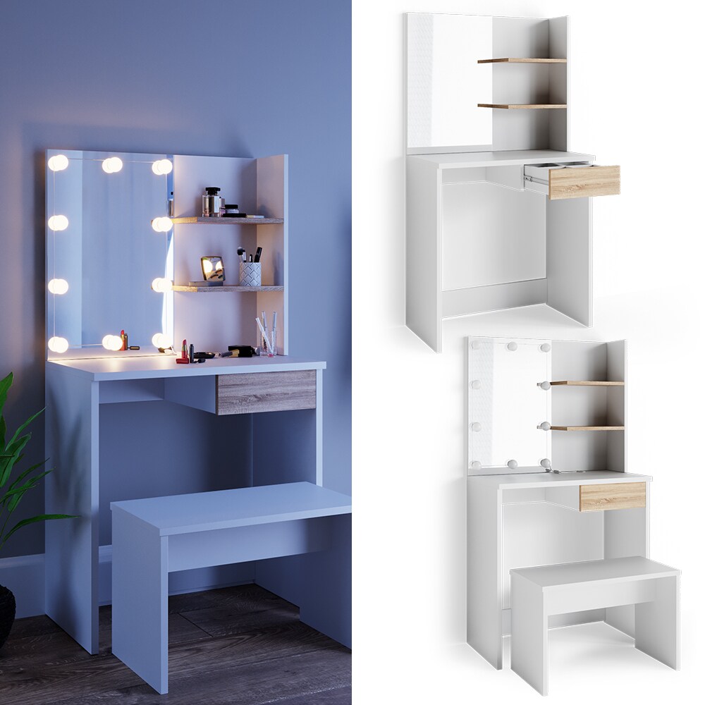 VICCO LED Schminktisch DEKOS Frisiertisch Kommode Kosmetiktisch Weiß Eiche Bank