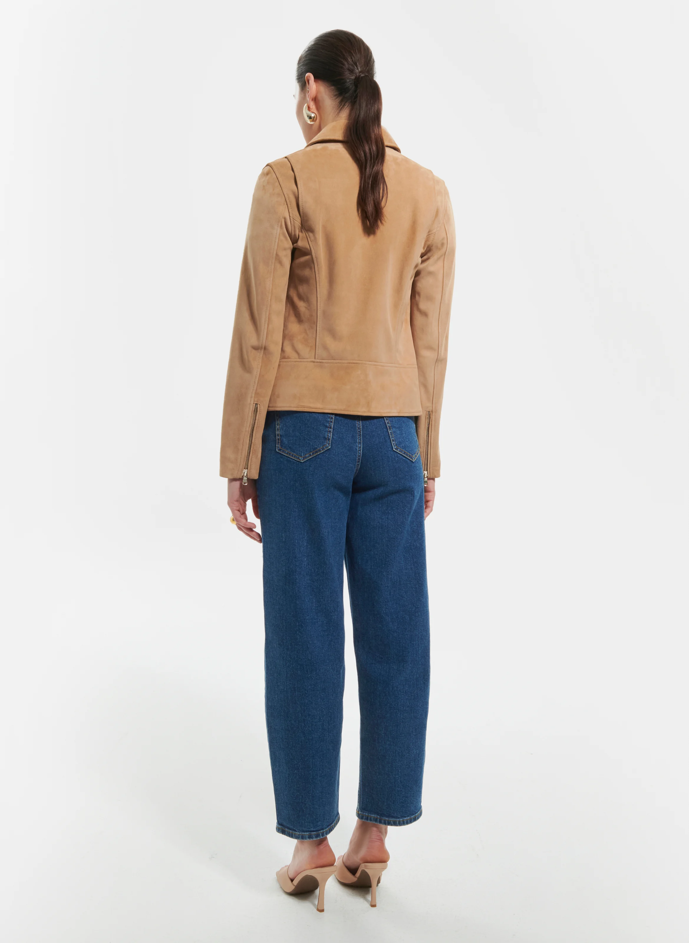 HANCORE - Perfecto droit zippé en cuir velours | Beige