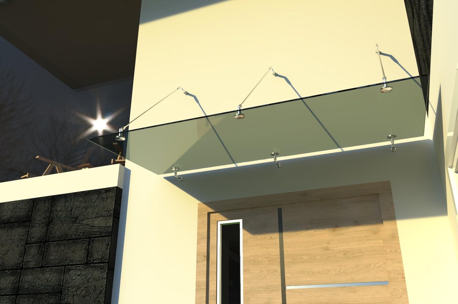 Glasvordach Vordach aus 13,14 mm starkem Verbundsicherheitsglas (VSG) mit hochwertigen V2A Edelstahlbeschlägen ALLE GROESSEN (Getönt 200cm x 90cm mit 3 Haltestangen)