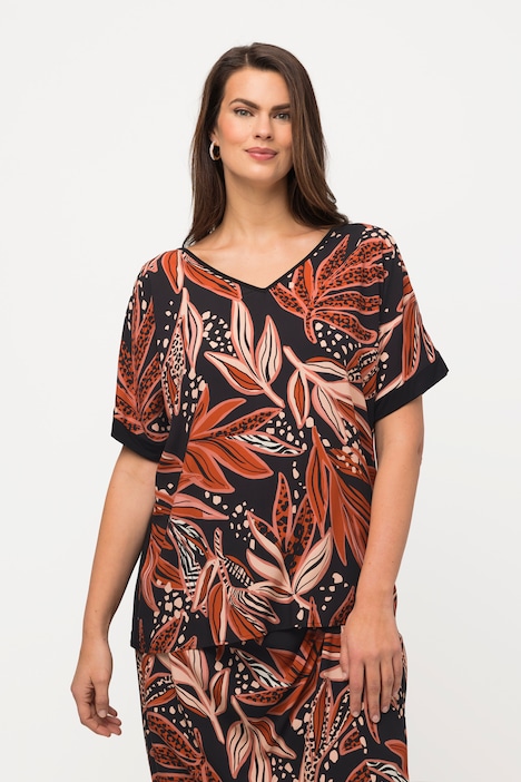 T-Shirt, Blätter, Oversized, V-Ausschnitt, Halbarm