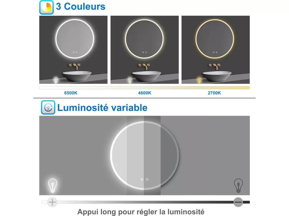 Miroir de Salle de Bain rond LED 70cm avec Bluetooth+Anti-buée+3 Couleurs+Dimmable Aica
