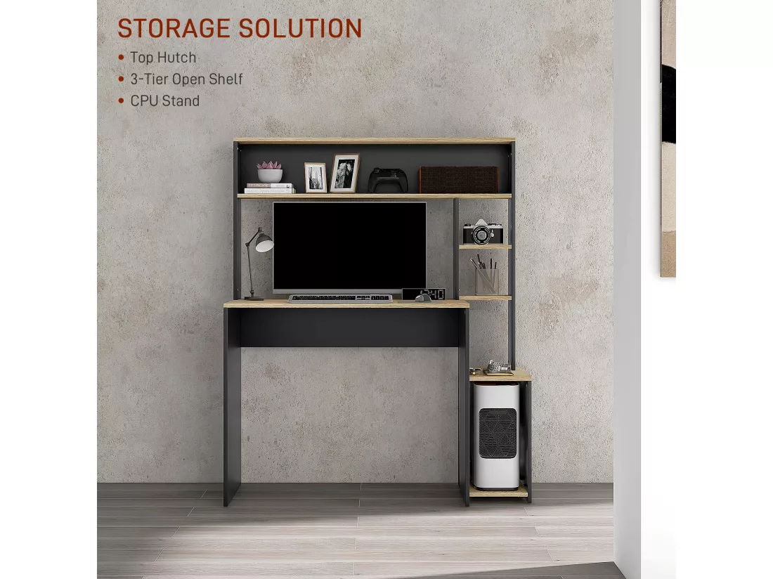 Bureau multi-rangement 5 étagères dim. 114L x 45l x 138H cm gris aspect chêne clair