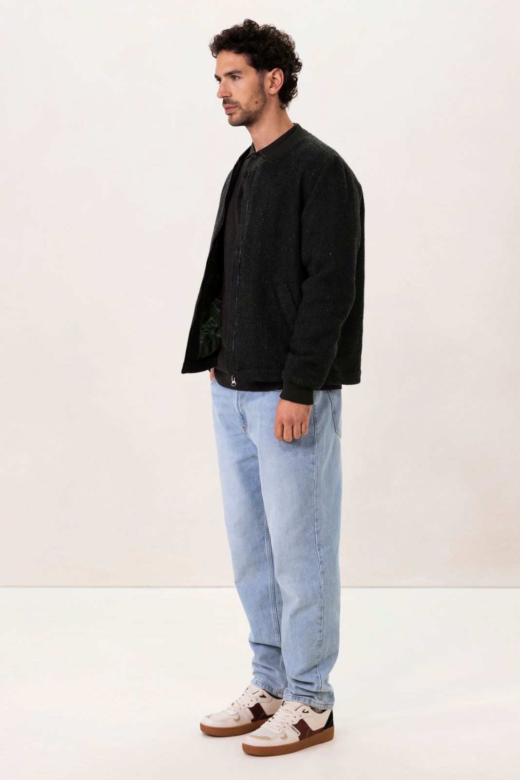 Donkergroene wollen jas met herringbone