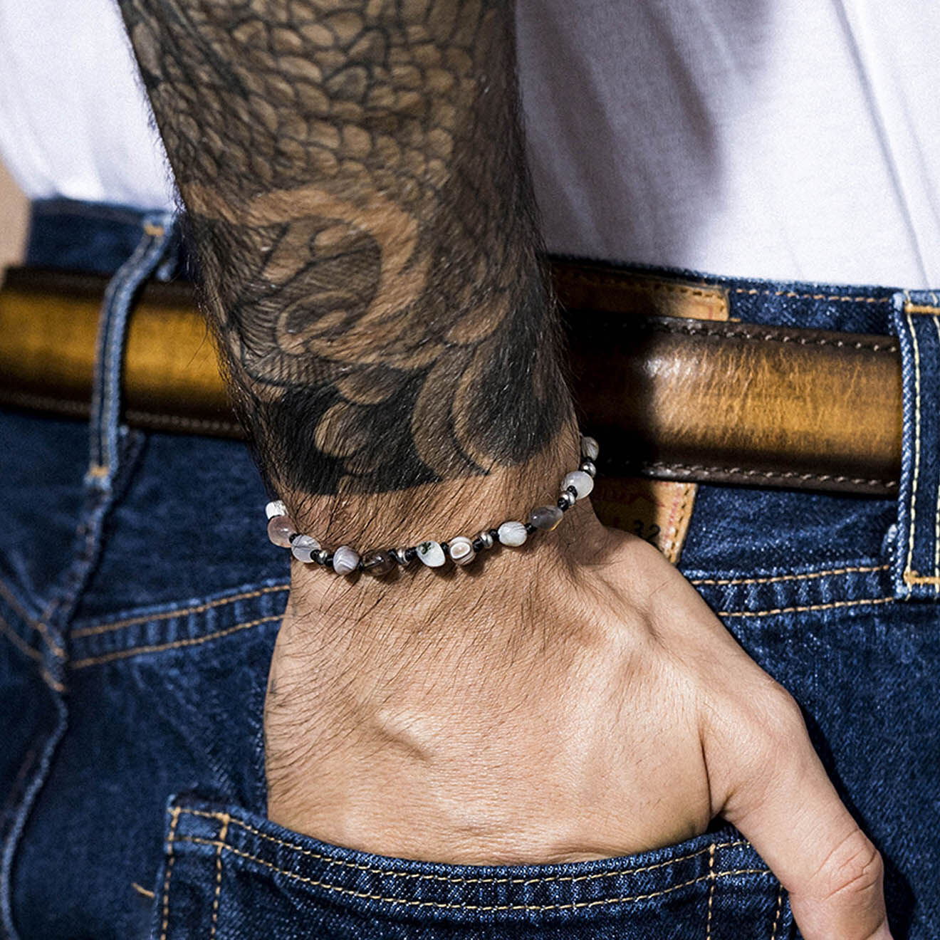 Jacobson Bracelet White Tiger en Acier, Cordon & Pierres marron/gris