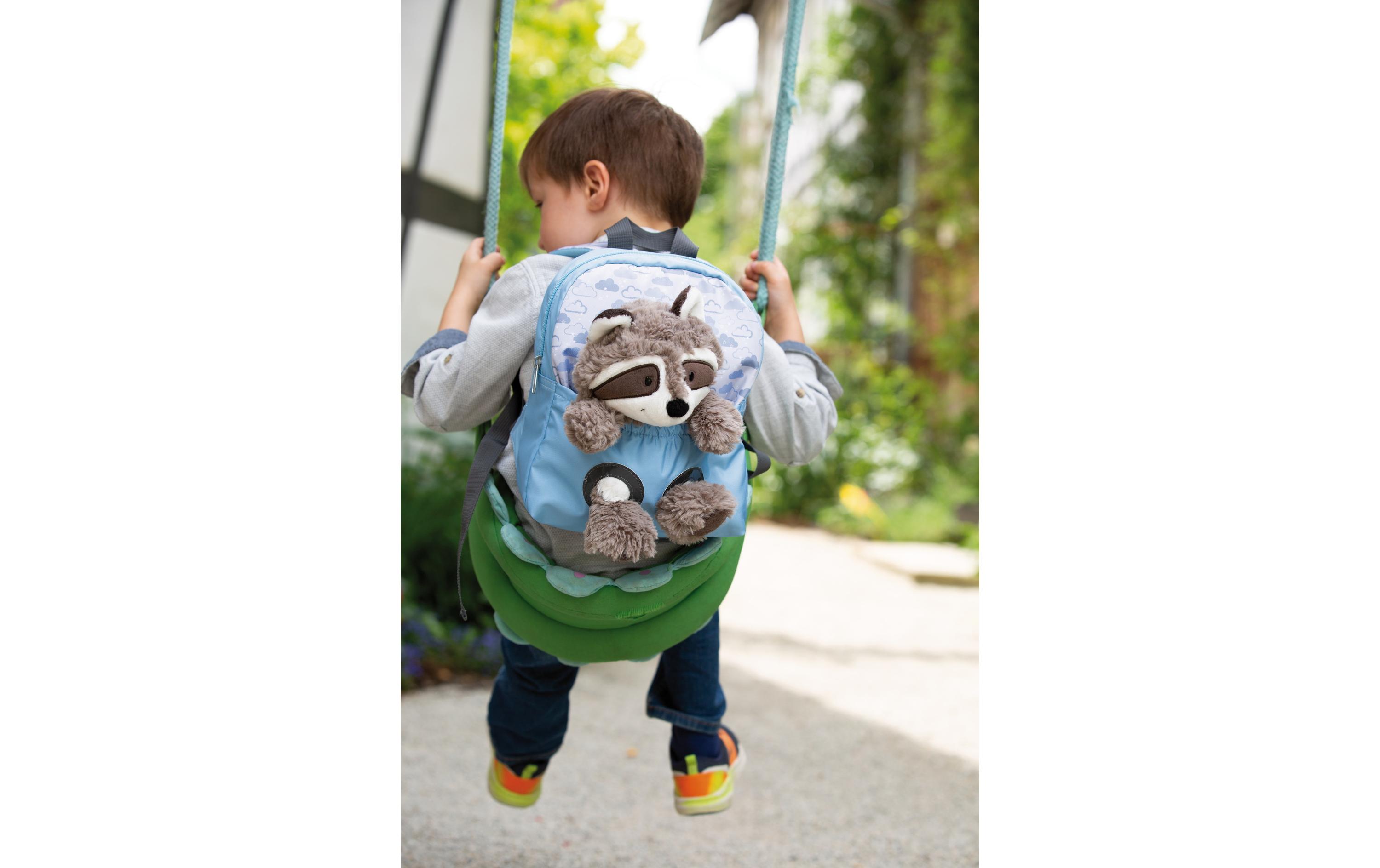 Rucksack hellblau mit WaschbärKindergartenrucksack mit flauschigem Plüsch
