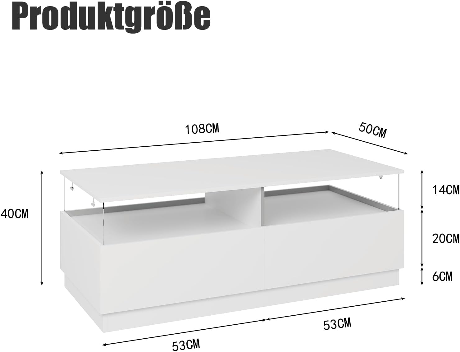 Couchtisch, Wohnzimmertisch mit 16-Farbiger LED Beleuchtung, für Wohnzimmer 108x50x40cm (Weiß)