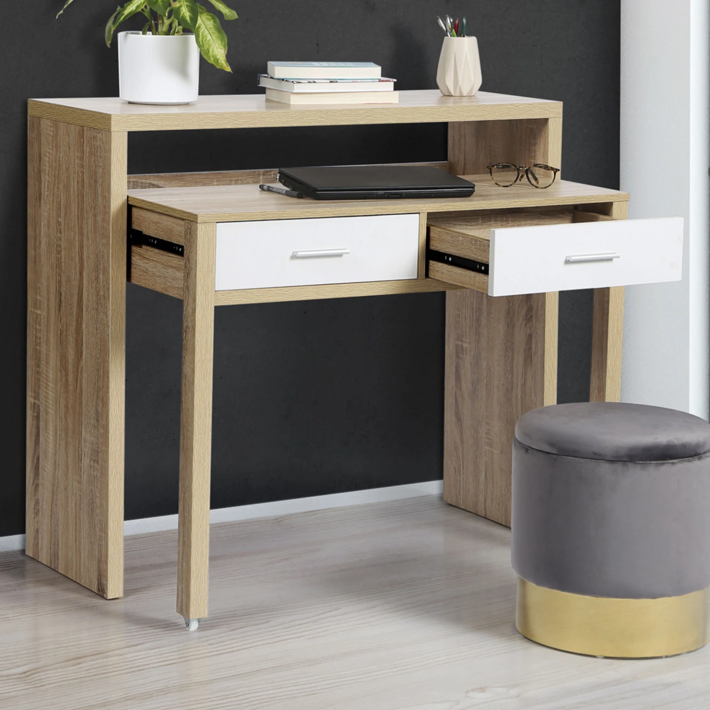 Bureau extensible MAX façon hêtre et blanc
