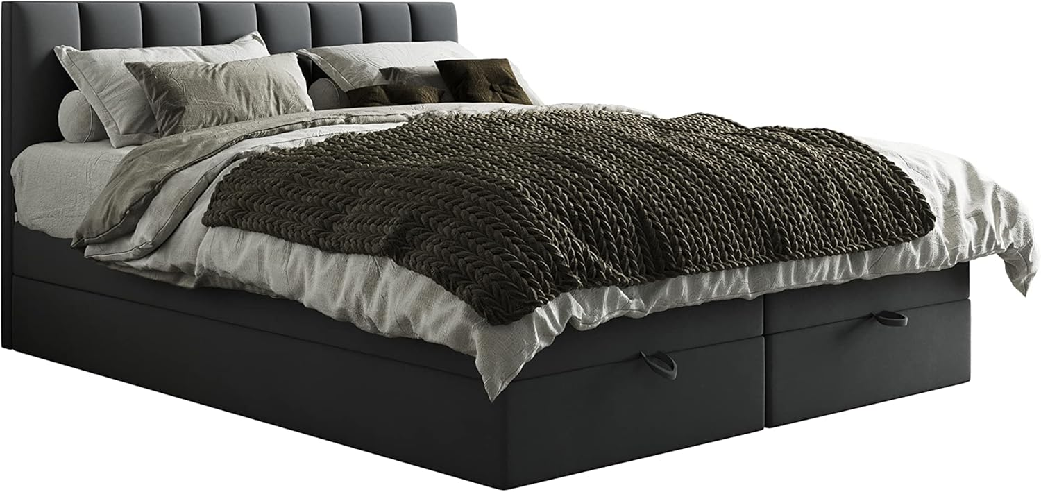 TRADA Boxspringbett mit Bettkästen und Matratze - Bett Gusto mit Topper aus Memory Visco - Dunkelgrau - 200 x 200 cm