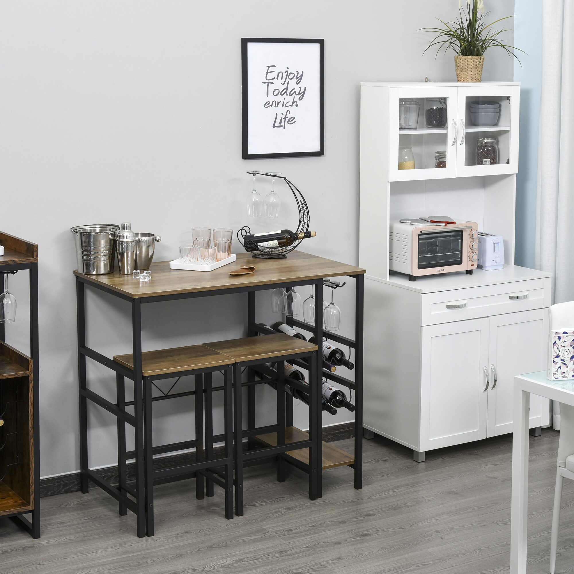 HOMCOM Bartisch-Set mit 2 Barhockern natur, schwarz