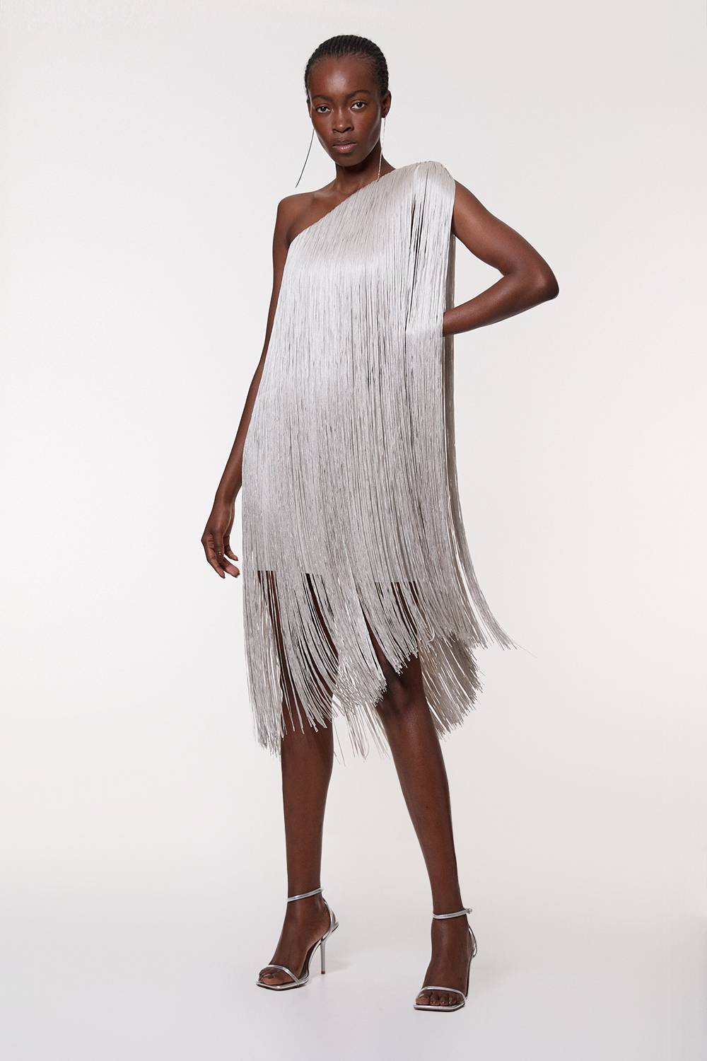 KarenMillen Robe Mini Moulante Bandage à Une Épaule avec Franges en Maille Tall