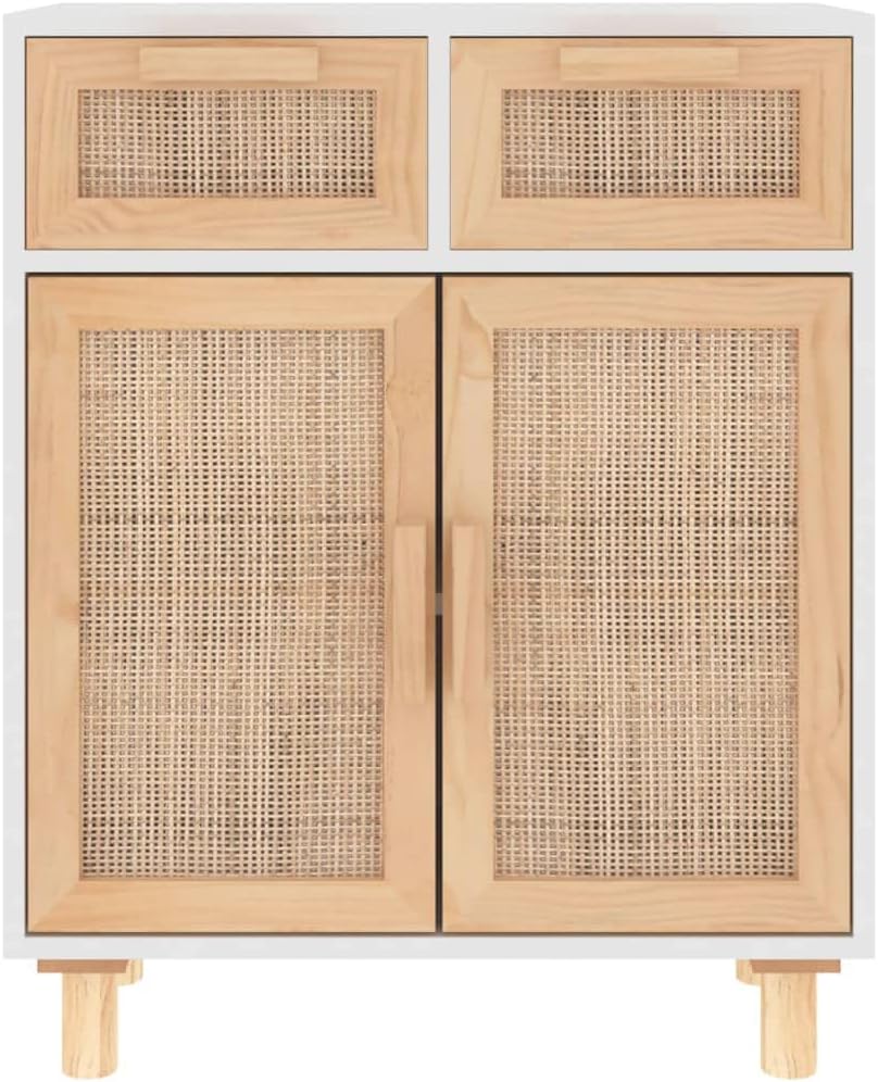 vidaXL Sideboard Schrank Anrichte Beistellschrank Kommode Mehrzweckschrank Standschrank Weiß 60x30x75cm Massivholz Kiefer Natur-Rattan