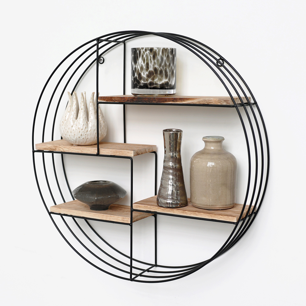Etagère murale en métal noir - 3 planches en bois - ronde - 50x11 cm
