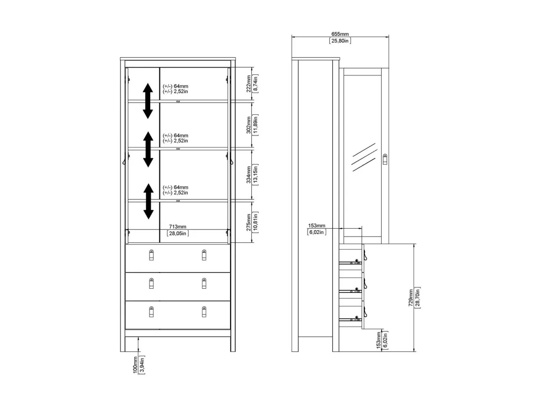 Vitrine Dvecch, Buffet d'exposition, Vitrine polyvalente, Buffet de salon, 78x33 h199 cm, Noir