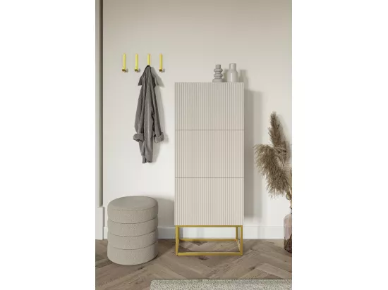 Meuble à chaussures 3 portes - 50x30x125 cm - grège avec pieds dorés - VELDIO