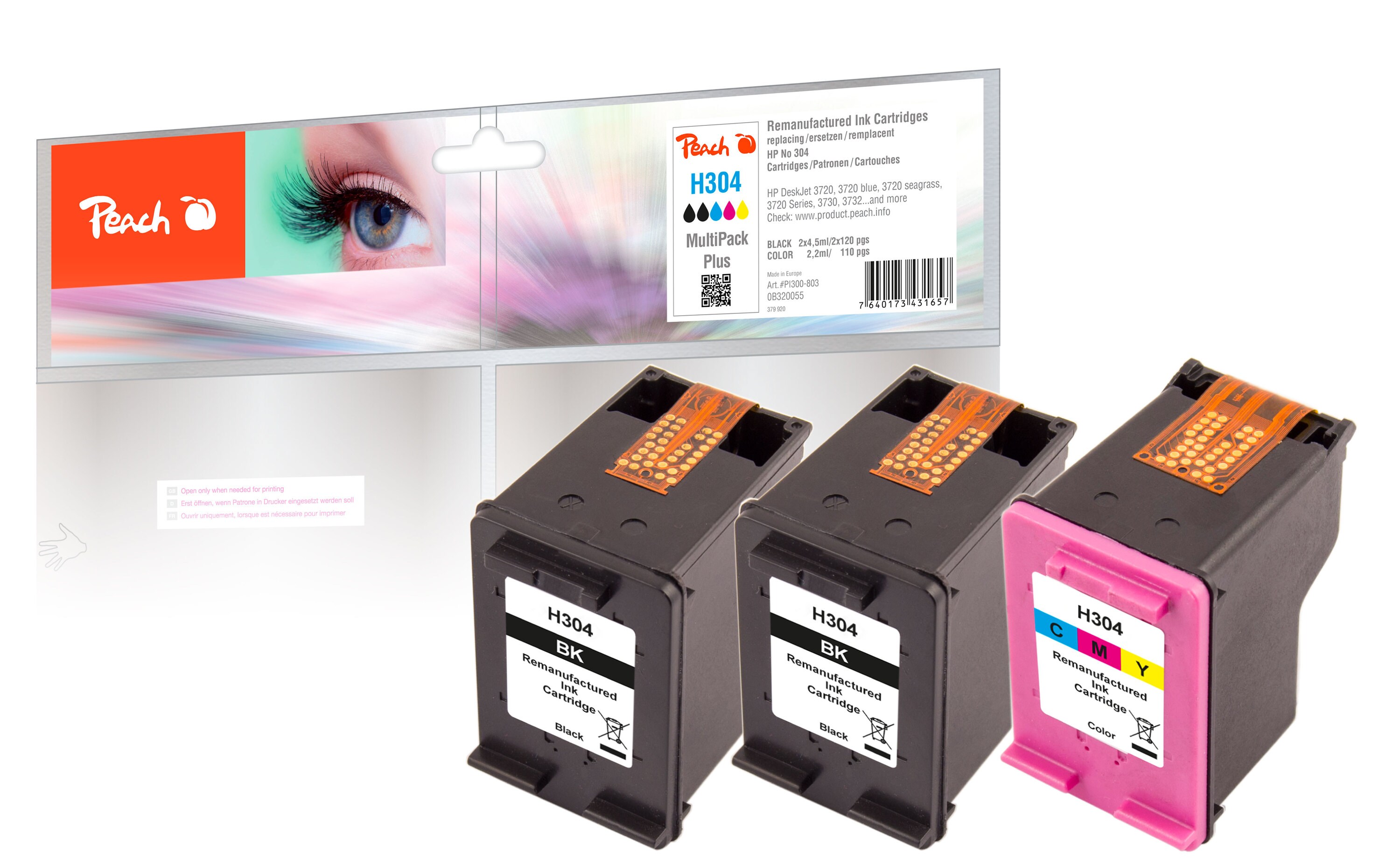 Peach HP 3043 Druckköpfe (2*bk, col) ersetzt HP No. 304, N9K06AE*2, N9K05AE für z.B. HP DeskJet 3750, HP DeskJet 3720, HP DeskJet 3730 (wiederaufbereitet)