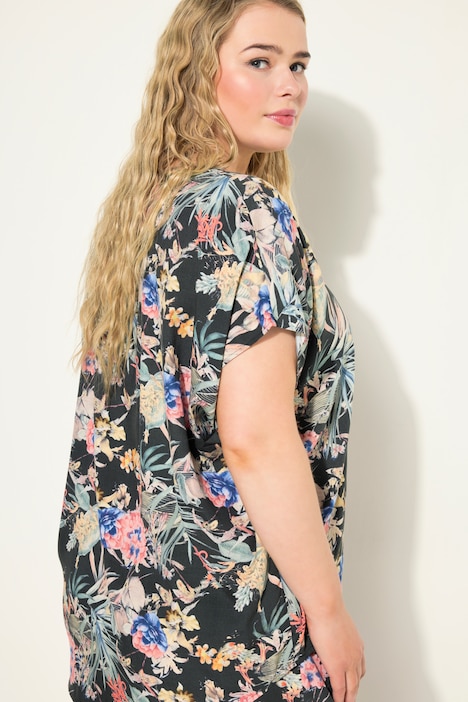 Blusenshirt, oversized, Tropical-Print, V-Ausschnitt