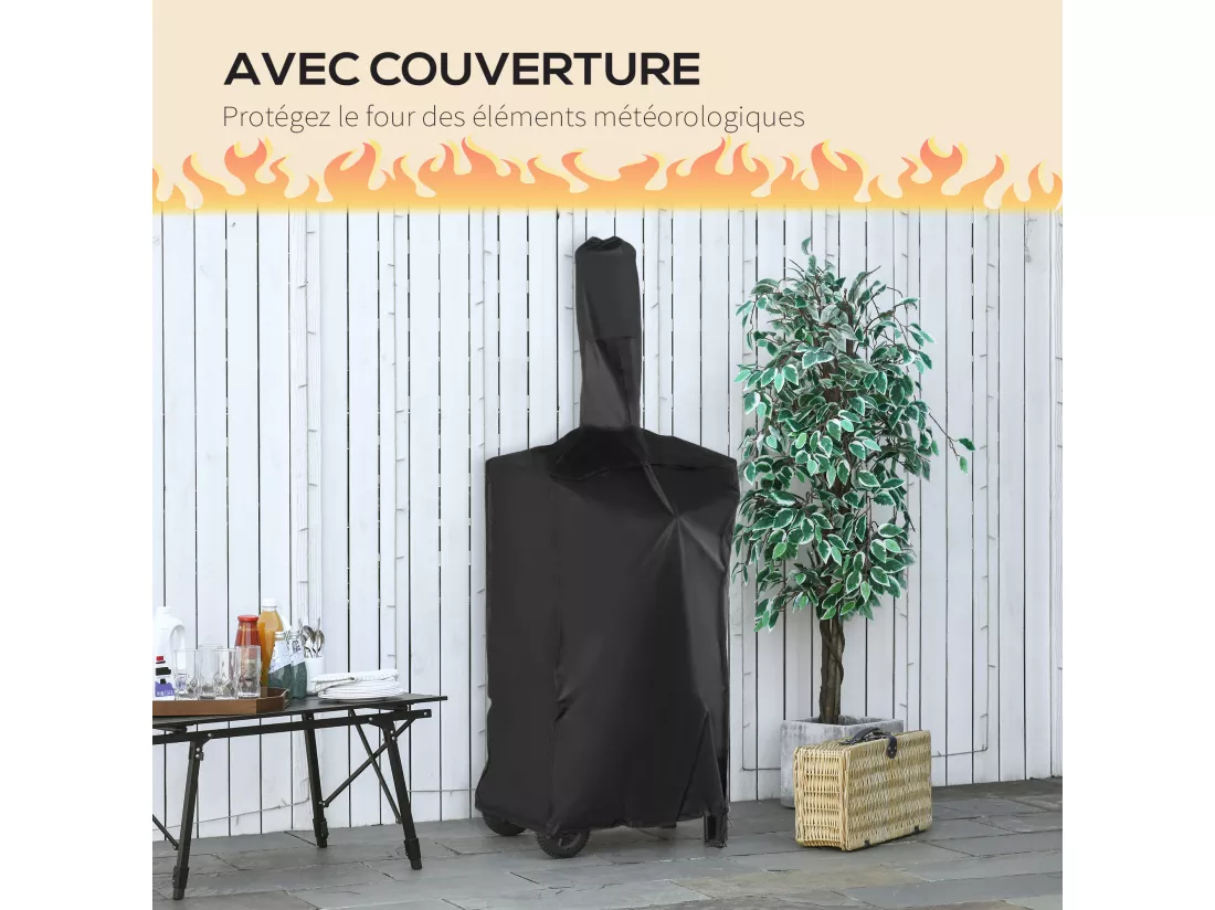 Four à pizza extérieur au charbon de bois - barbecue sur roulettes - four à bois - pierre réfractaire - cheminée, jauge température - acier au carbone noir gris