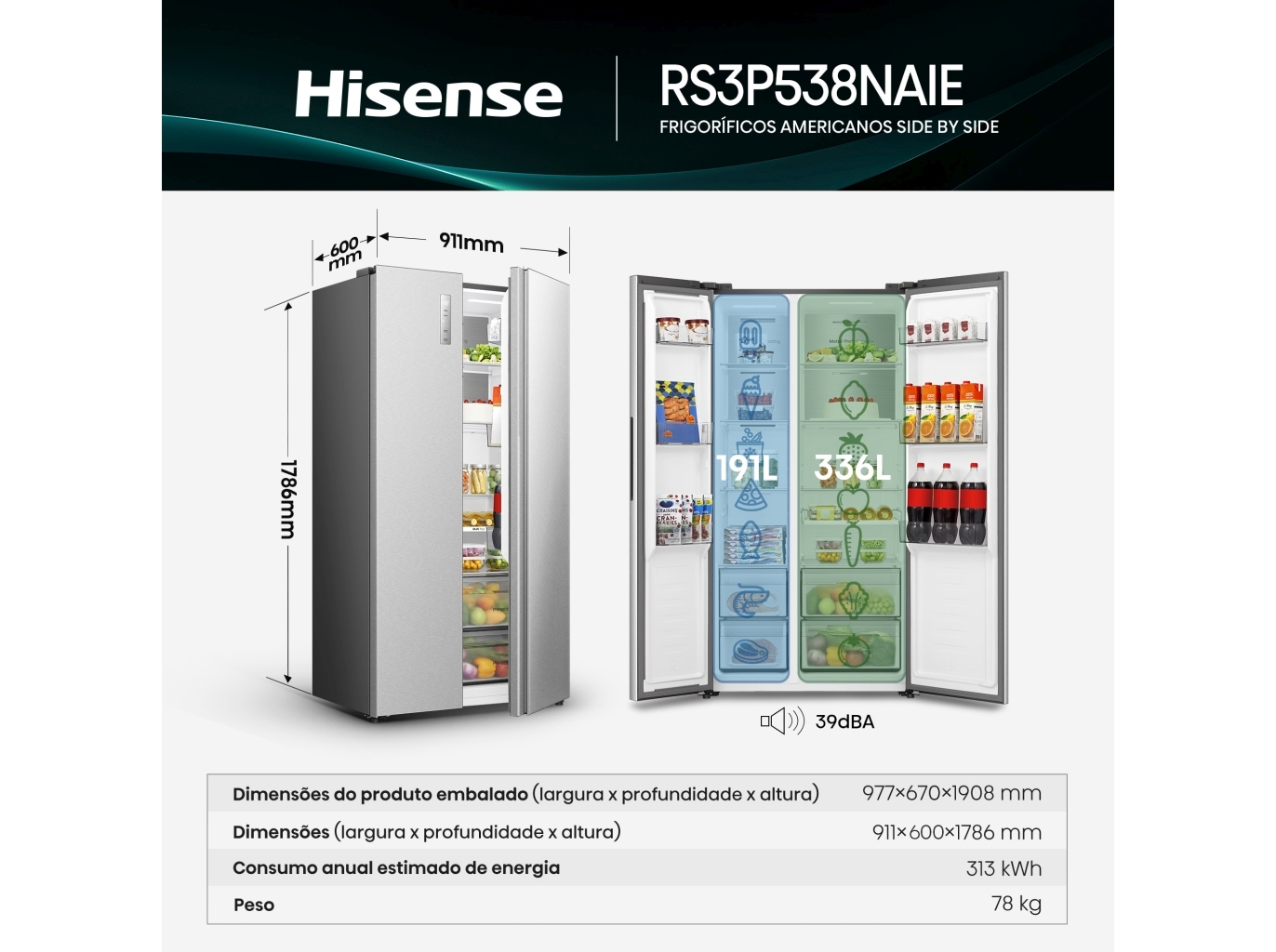 FRIGORÍFICO AMERICANO HISENSE RS3P538NAIE KITCHENFIT E 527L