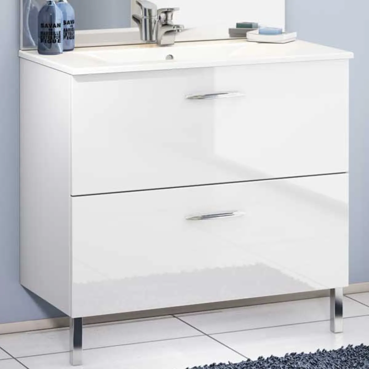 dansmamaison Ensemble meuble salle de bain 90 cm - Blanc laqué brillant