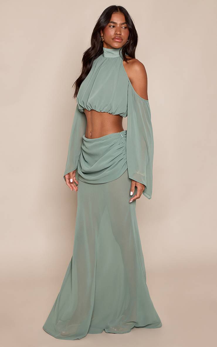 Vert Jupe Longue Co-ord En Mousseline Avec Détail Drapé À La Taille