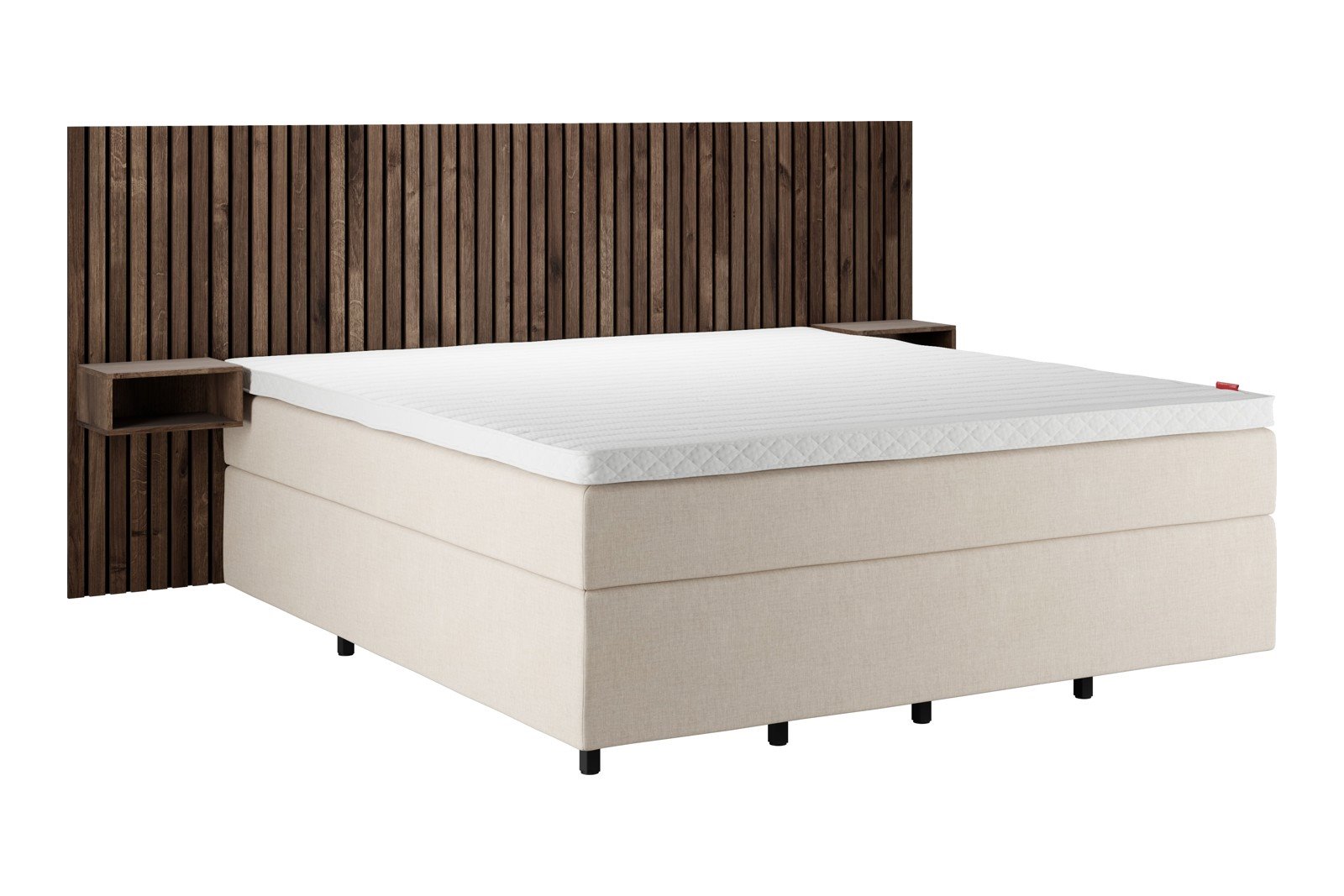 Sensitive 600 Kontinentalseng 180x200 cm Tekstil Sesam 37 Medium/Fast m/Superior latex overmadrass og Square smoked oak ben 13 cm, gavl selges separate