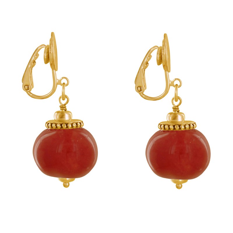Boucles d'Oreilles Clip Métal Doré et Grosses Perles en Céramique