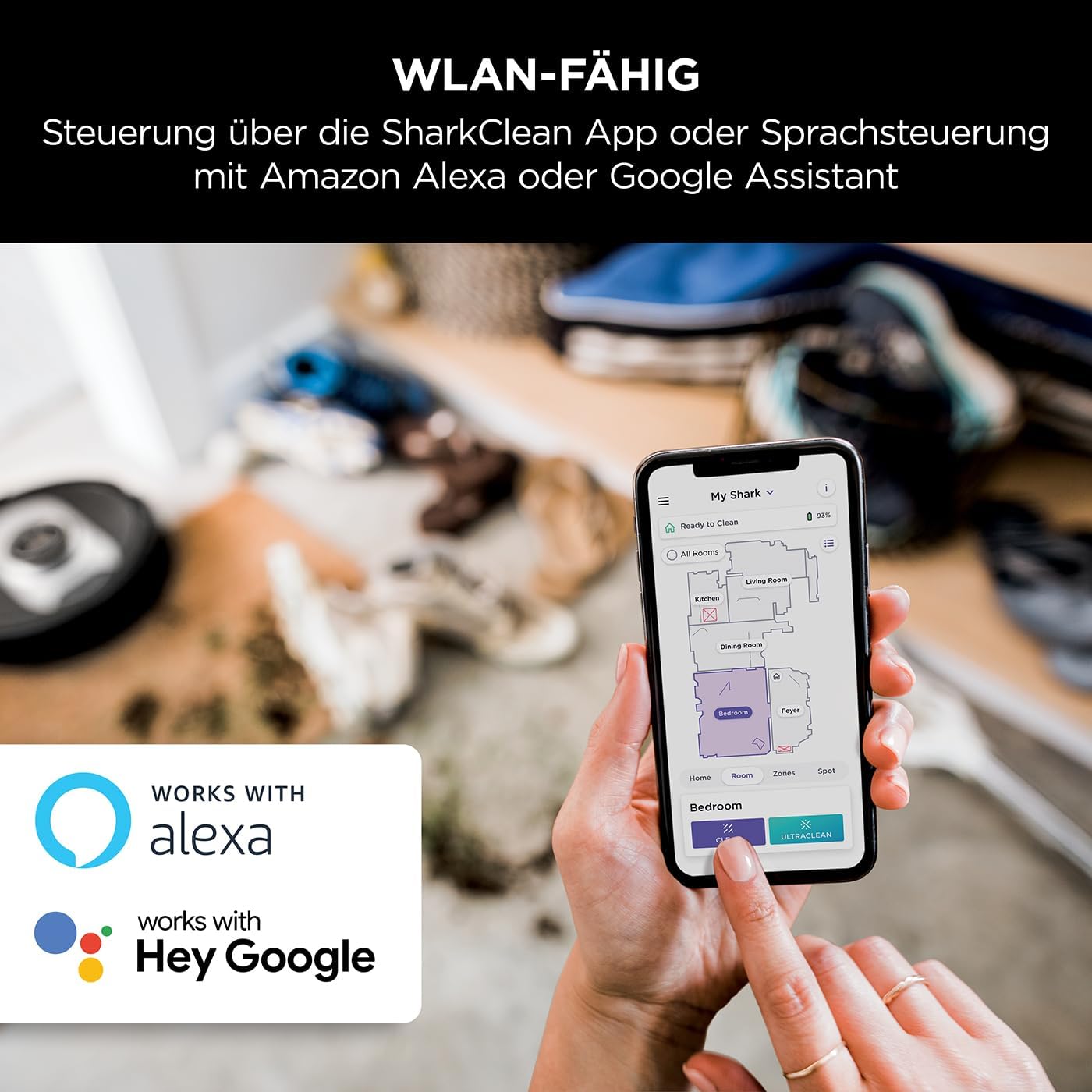 Shark AI 360 Saugroboter, selbstentleerender Staubsauger-Roboter, geeignet für alle Teppiche und Hartböden, Roboterstaubsauger, 120 Min Laufzeit, manuelle und App-Steuerung, Schwarz/Silber, RV2500SEU