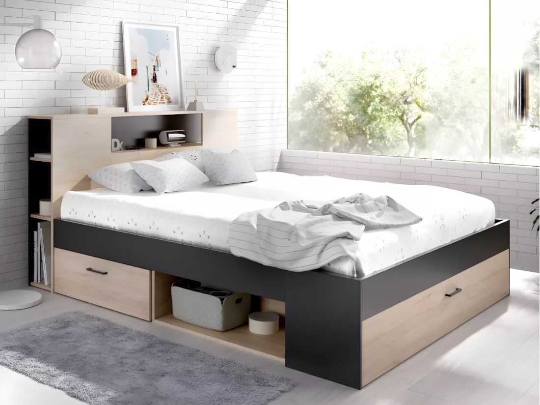 Lit avec tête de lit rangements et tiroirs - 140 x 190 cm - Coloris : Naturel et anthracite + Sommier + Matelas - LEANDRE