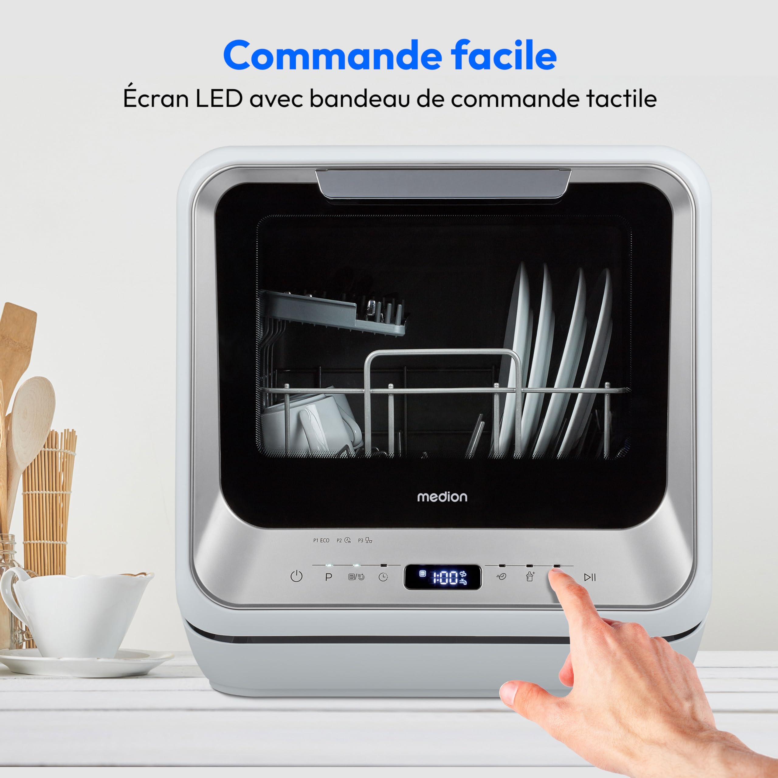 MEDION Mini lave-vaisselle DWT20 (lave-vaisselle de table, lave-vaisselle, 2 couverts, fonctionne avec/sans raccordement à l'eau, 6 programmes de nett