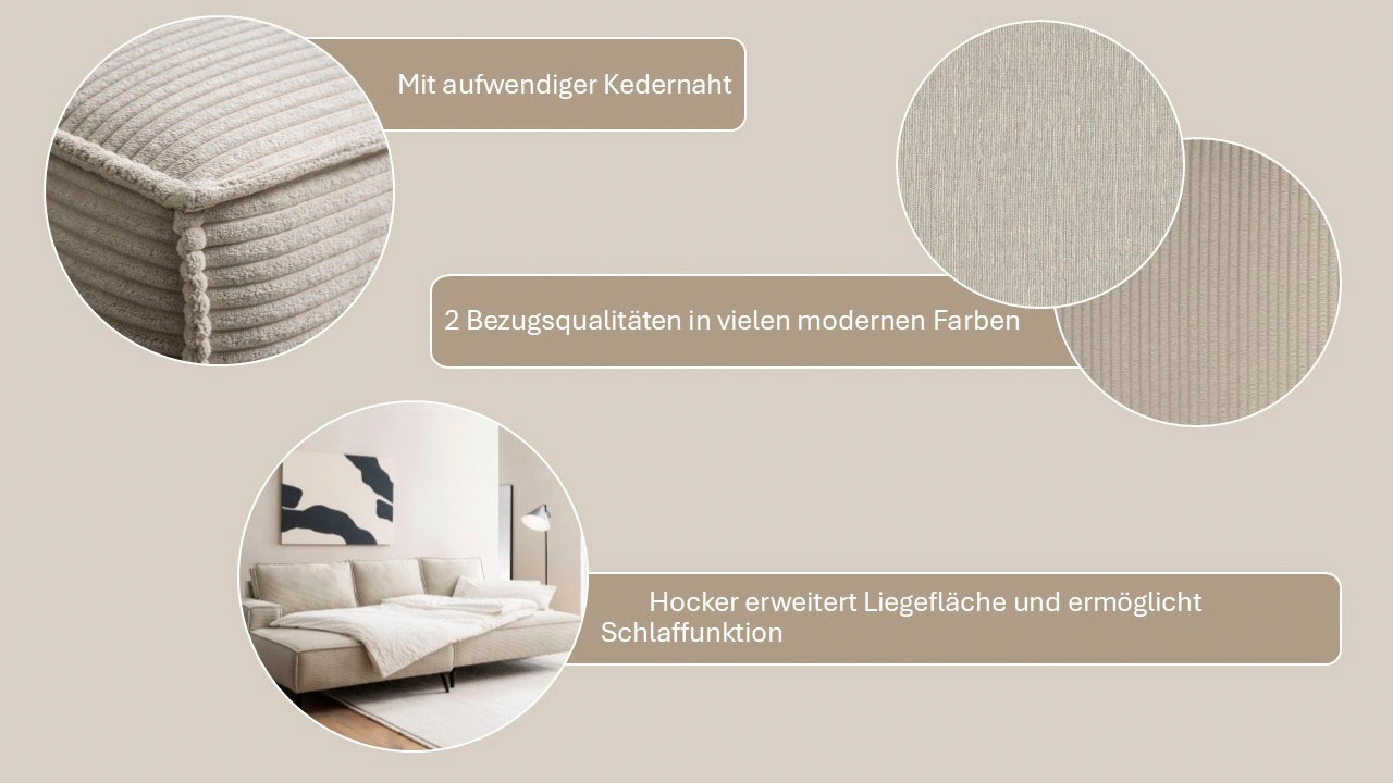Home affaire Ecksofa »TVINNU, L-Form, 275cm, in Cord und Leinenoptik« wahlweise Recamiere rechts/links, schwarze Füsse, bequemer Sitzkomfort