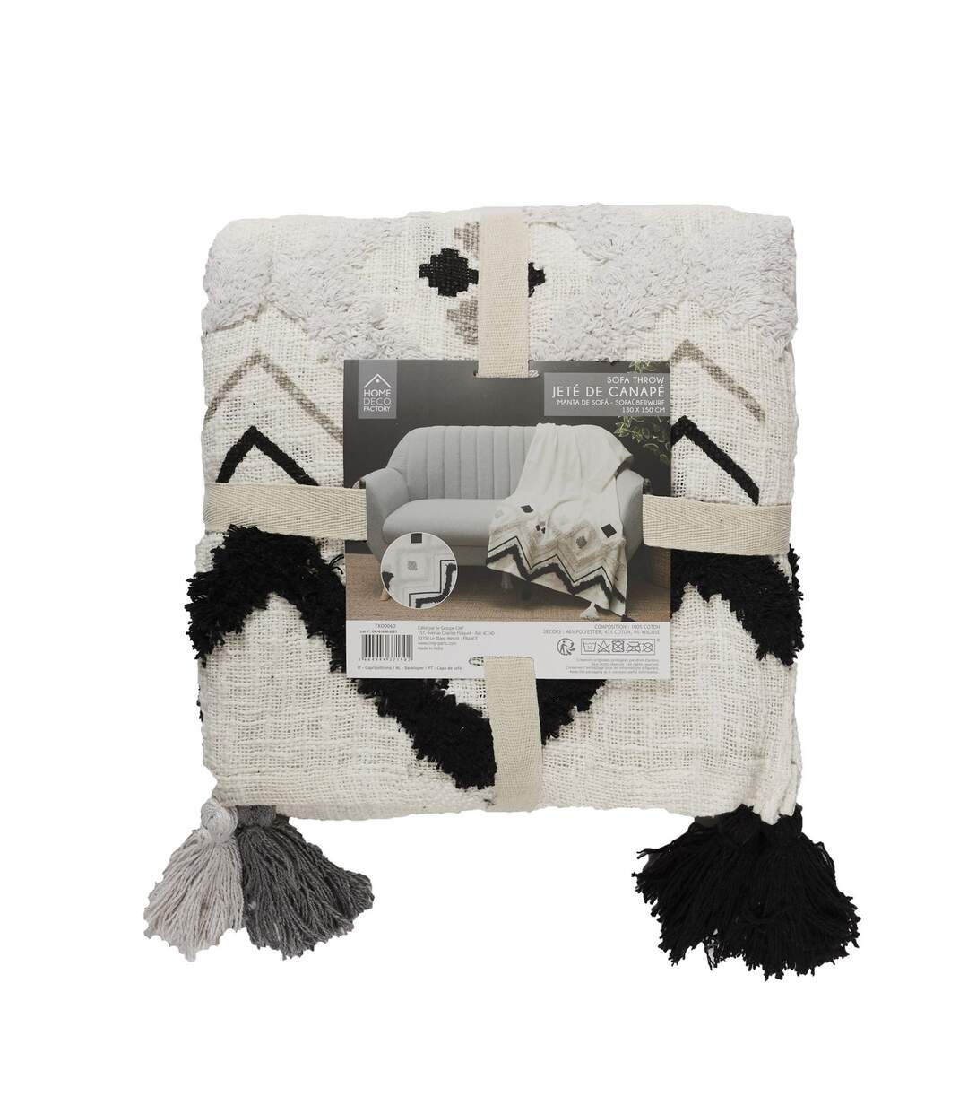 Jeté de canapé surpiqué avec Pompons - Longueur 130 cm x Largeur 170 cm - Noir, Blanc et Gris