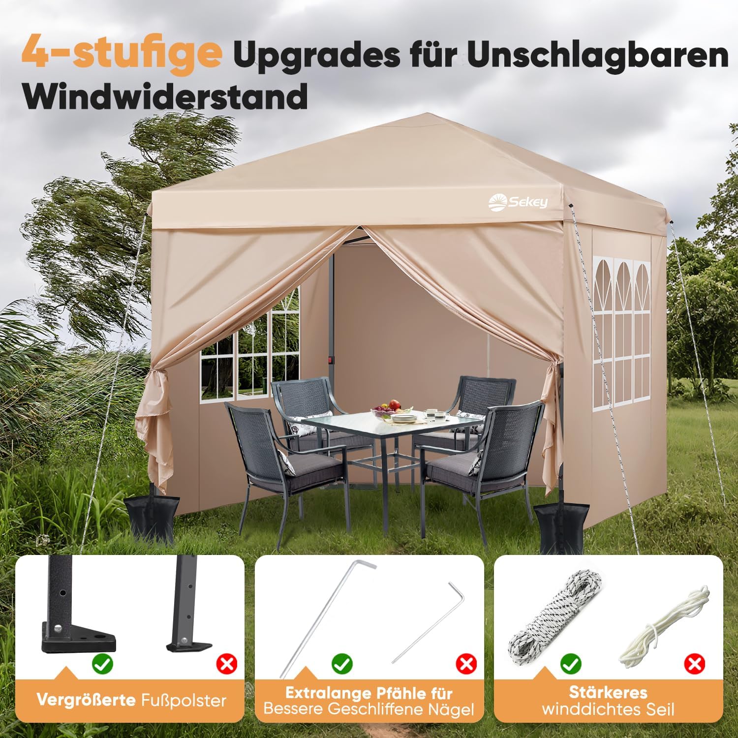 Sekey Premium Pop Up Pavillon 3x3 Wasserdicht Stabil, 3 x 3 m Pavillon mit Seitenwänden, Faltpavillon Partyzelt Faltbar für Camping Party, Höhe Verstellbar 250-270cm, (Khaki, Mit Seitenwänden)
