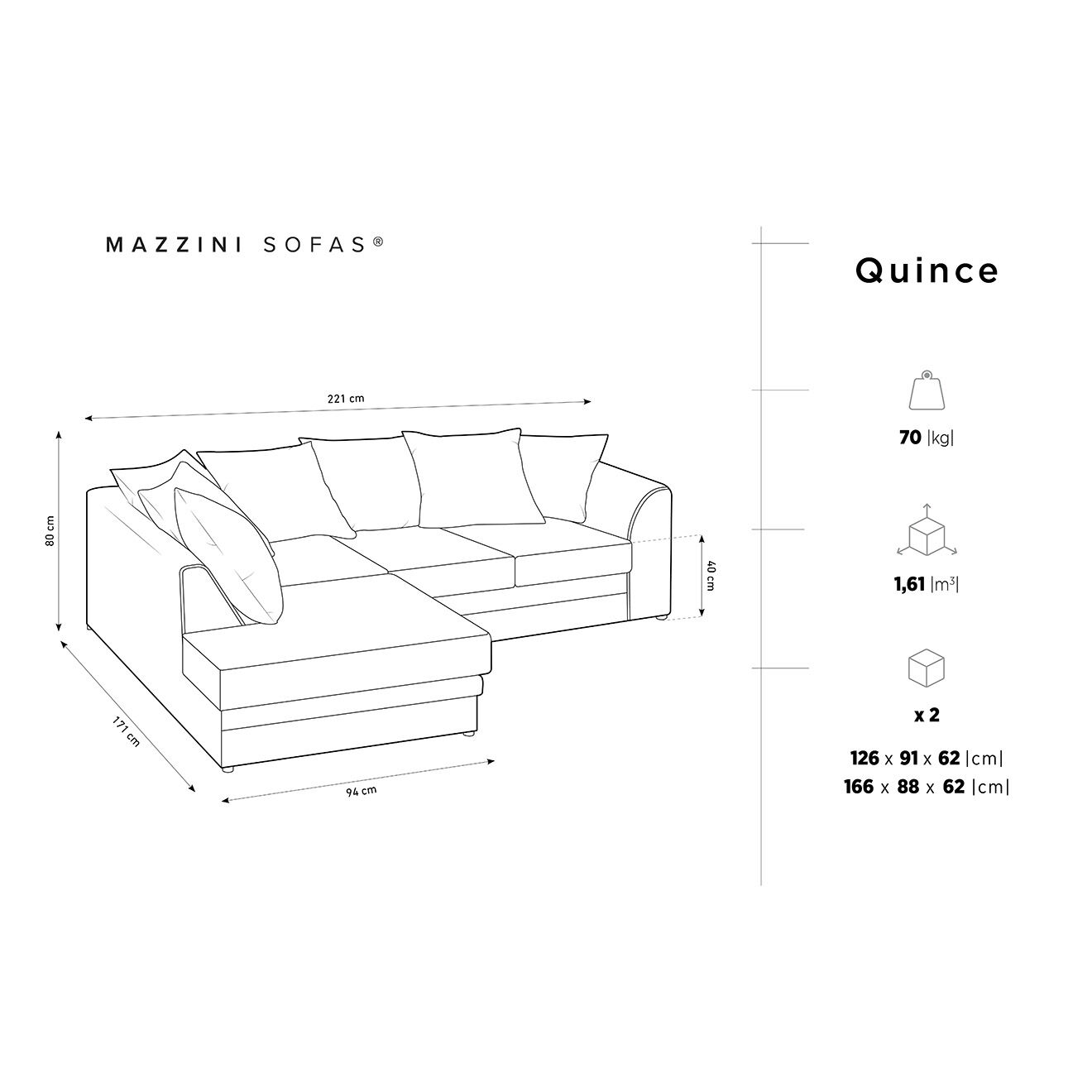 Mazzini Sofas Canapé d'angle Gauche Quince Velours côtelé 4 Places noir - 221x171x80 cm