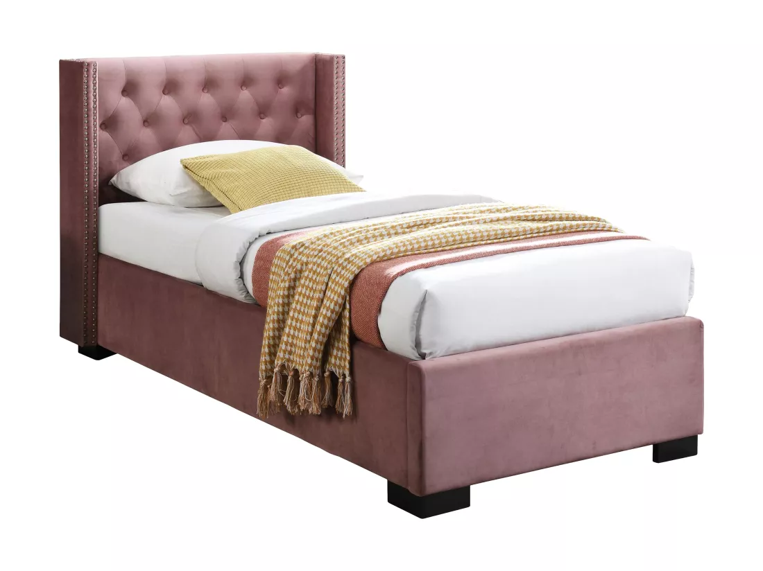 Lit coffre 90 x 200 cm avec tête de lit capitonnée - Velours - Rose - MASSIMO