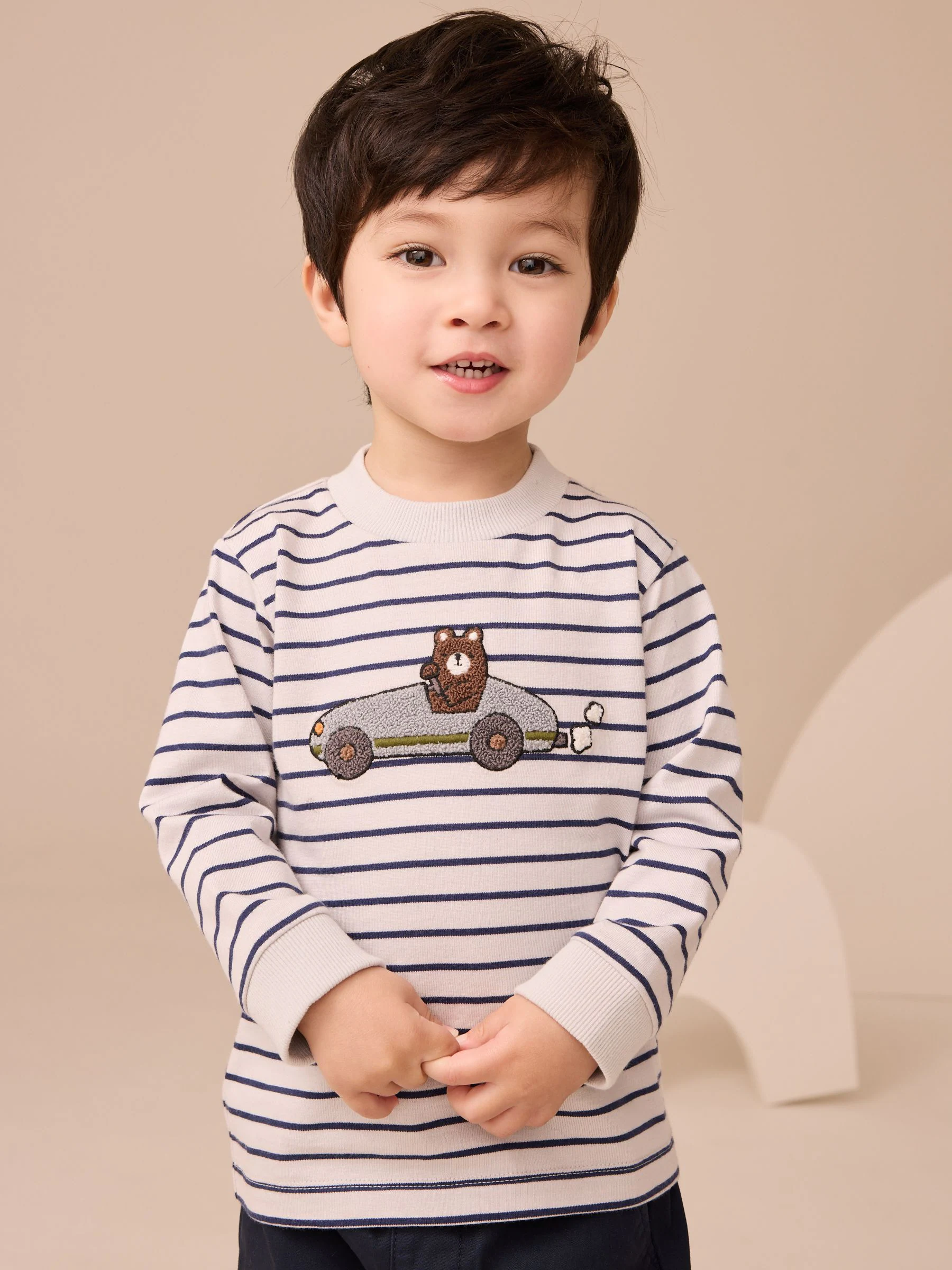 Wit/blauw gestreepte berenauto - T-shirt met applicatie en lange mouwen (3 mnd-7 jr)