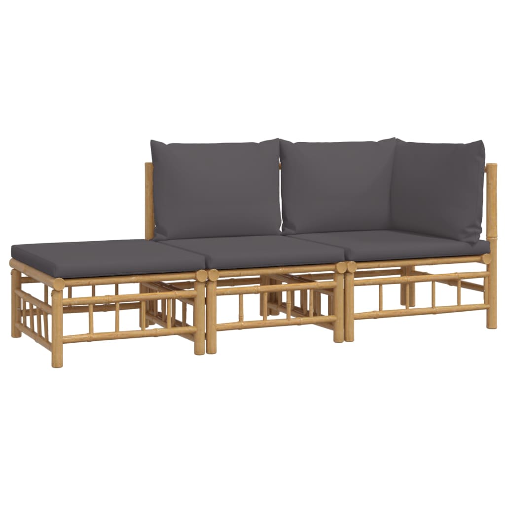 Salon de jardin meuble d'extérieur ensemble de mobilier 3 pièces avec coussins gris foncé bambou