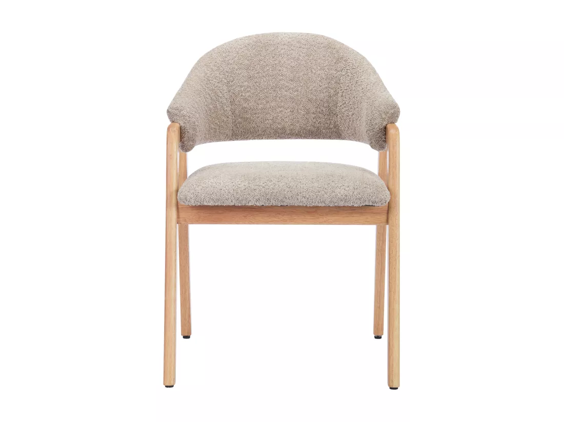 Lot de 6 chaises avec accoudoirs en tissu bouclette et bois d'hévéa - Taupe et naturel - SOLUNA