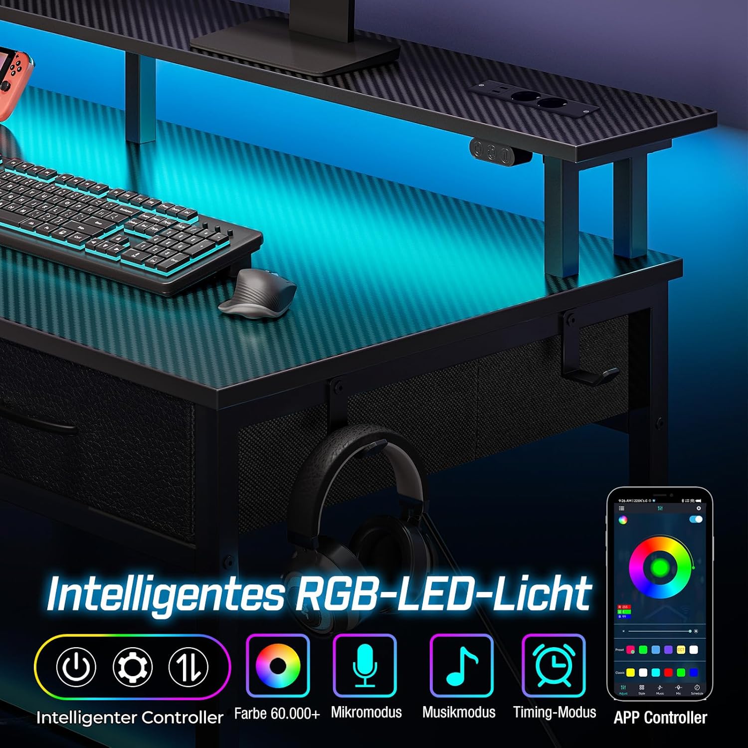 Rolanstar Schreibtisch mit Schubladen, Computertisch mit Steckdosen & LED, Gaming Tisch mit Monitorständer, Regal & 2 Haken, Gaming Schreibtisch für Büro, Wohnzimmer(Schwarz, 120x47x90,5cm)