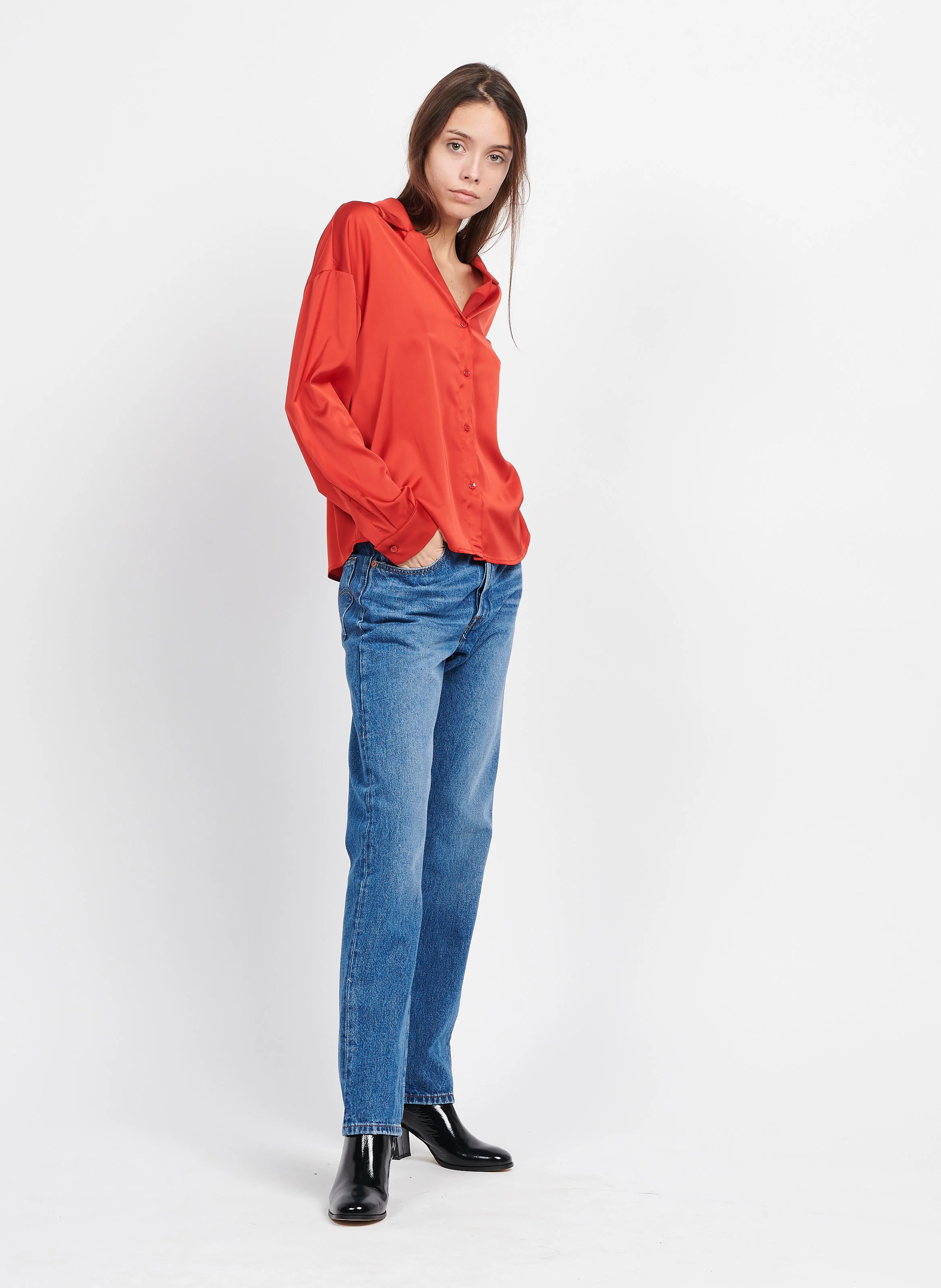 Chemise col V satinée | Orange
