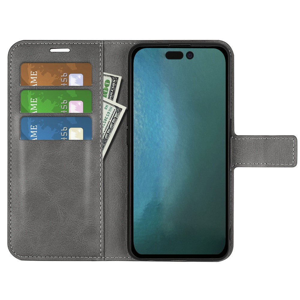 iPhone 14 Pro Vintage Leder Tasche Flip Cover Fashion Design - Grau