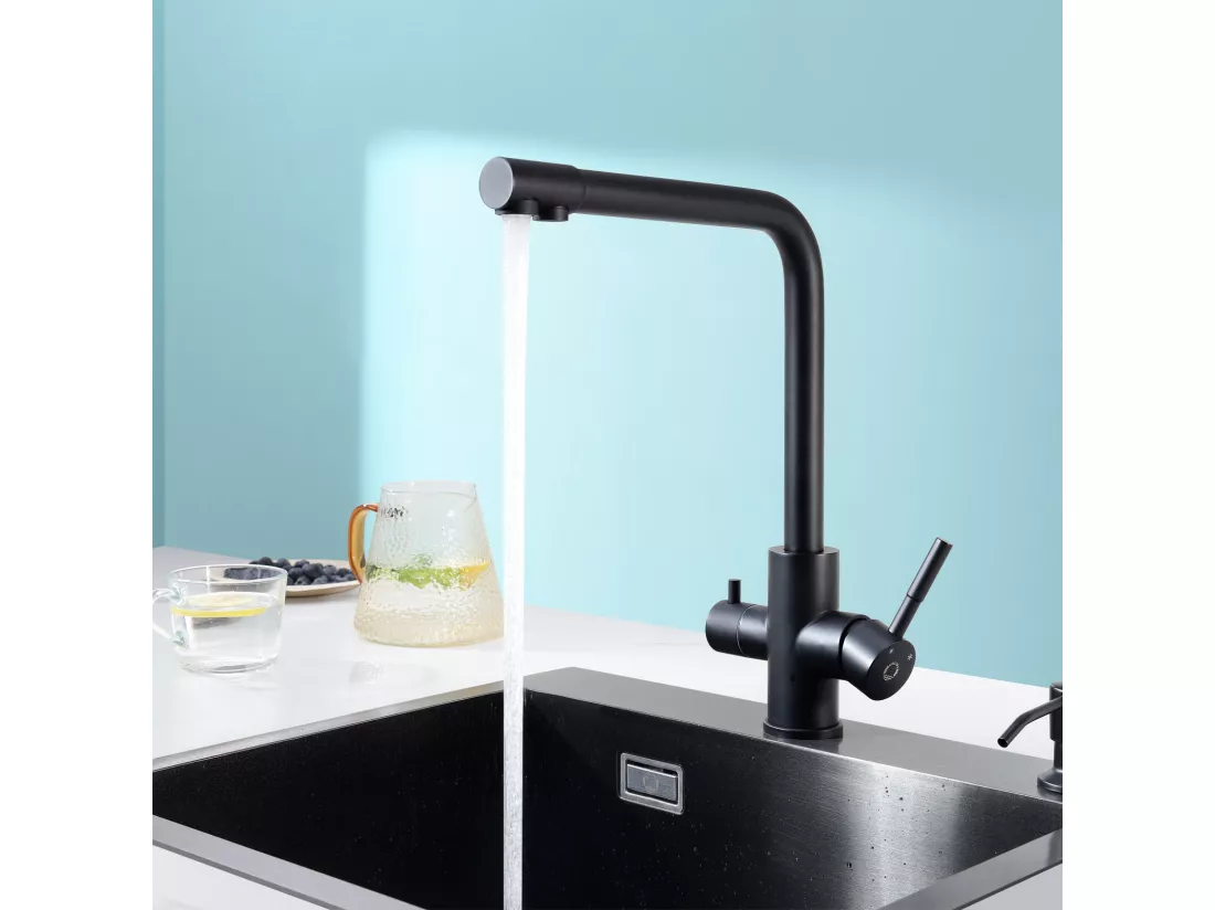 2PCS Robinet de Cuisine à 3 Voies, 3 en 1 Mitigeur de Cuisine pour Système D'osmose, Robinet D'eau Propre avec 2 Leviers de Commande Séparés Noir