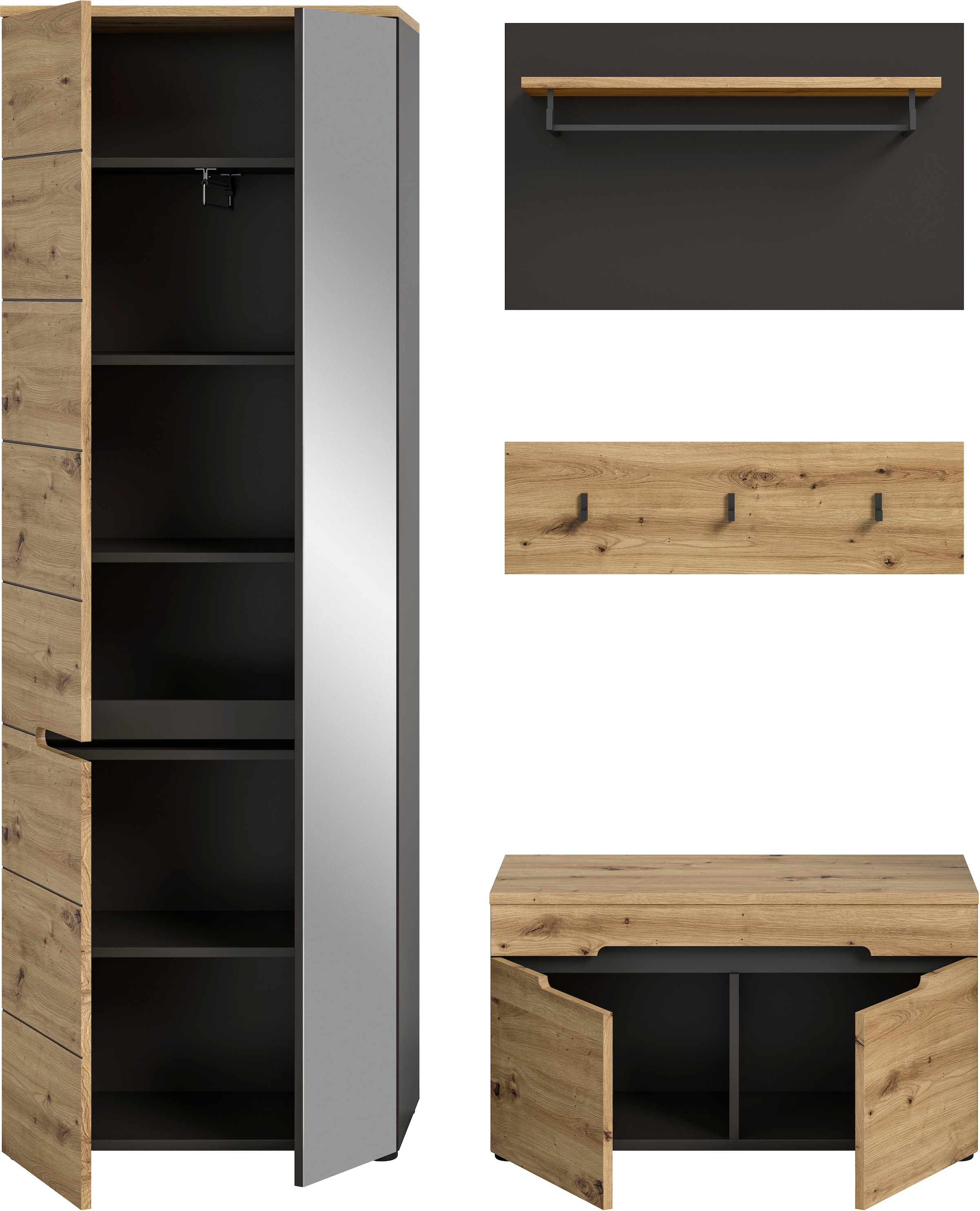 INOSIGN Garderoben-Set »REHAT, TOPSELLER!, 4-teilig, Breite 160cm, individuell stellbar« bestehend aus: Garderobenschrank, Sitzbank, Paneel, Hakenleiste, 3 Stk. tlg.