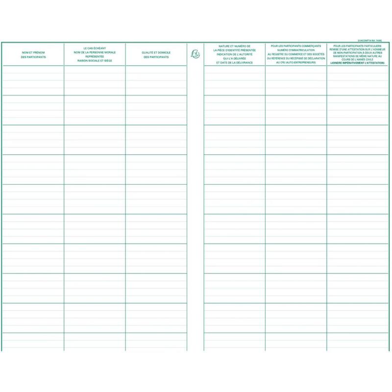 Piqûre 32x19,5cm - Registre d'identification des vendeurs en vue d'une manifestation publique - 80 pages